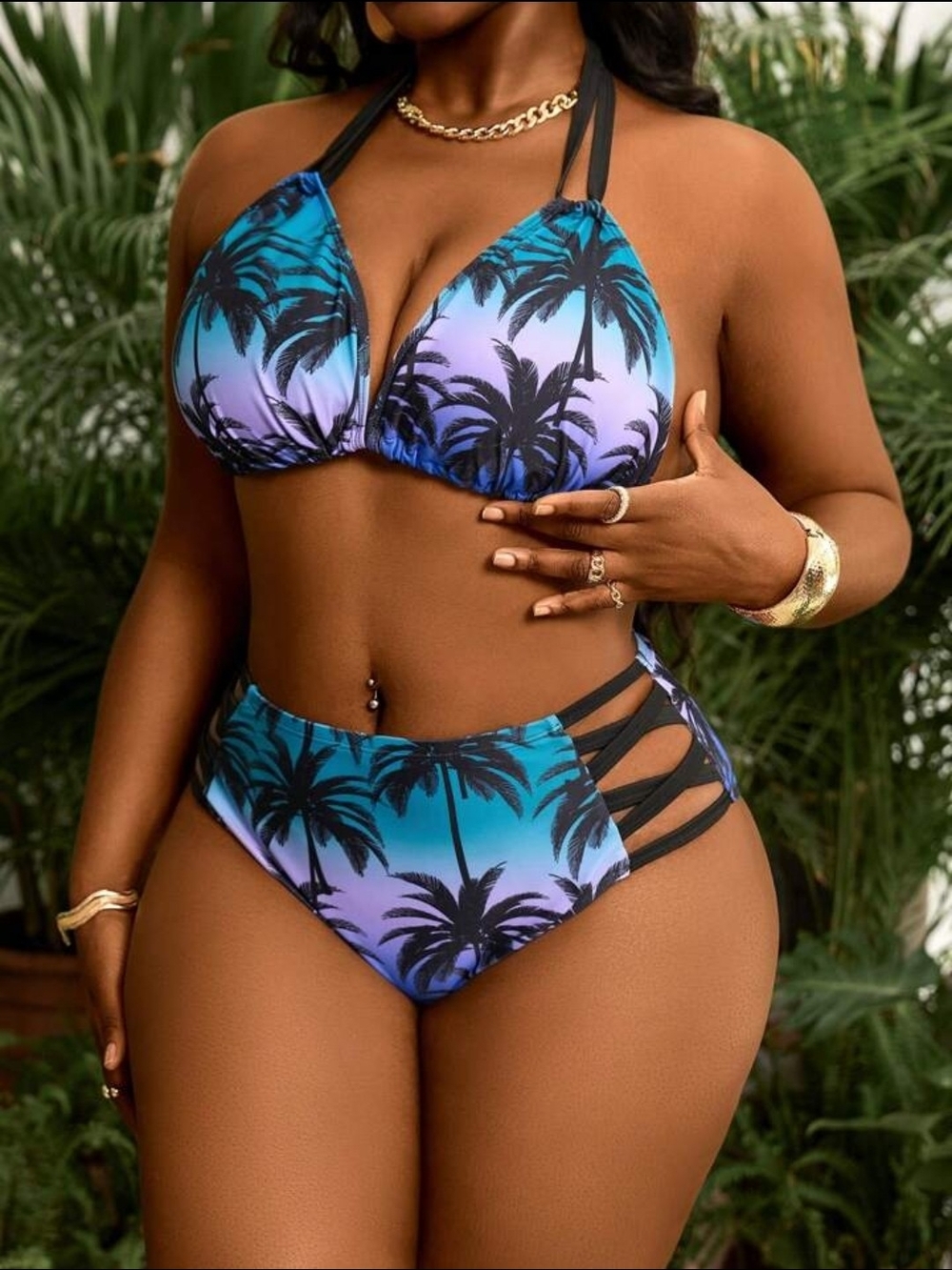 Tropical Palm Gradient High-Waist Bikini - Blue/Purple - Picture 2 of 5